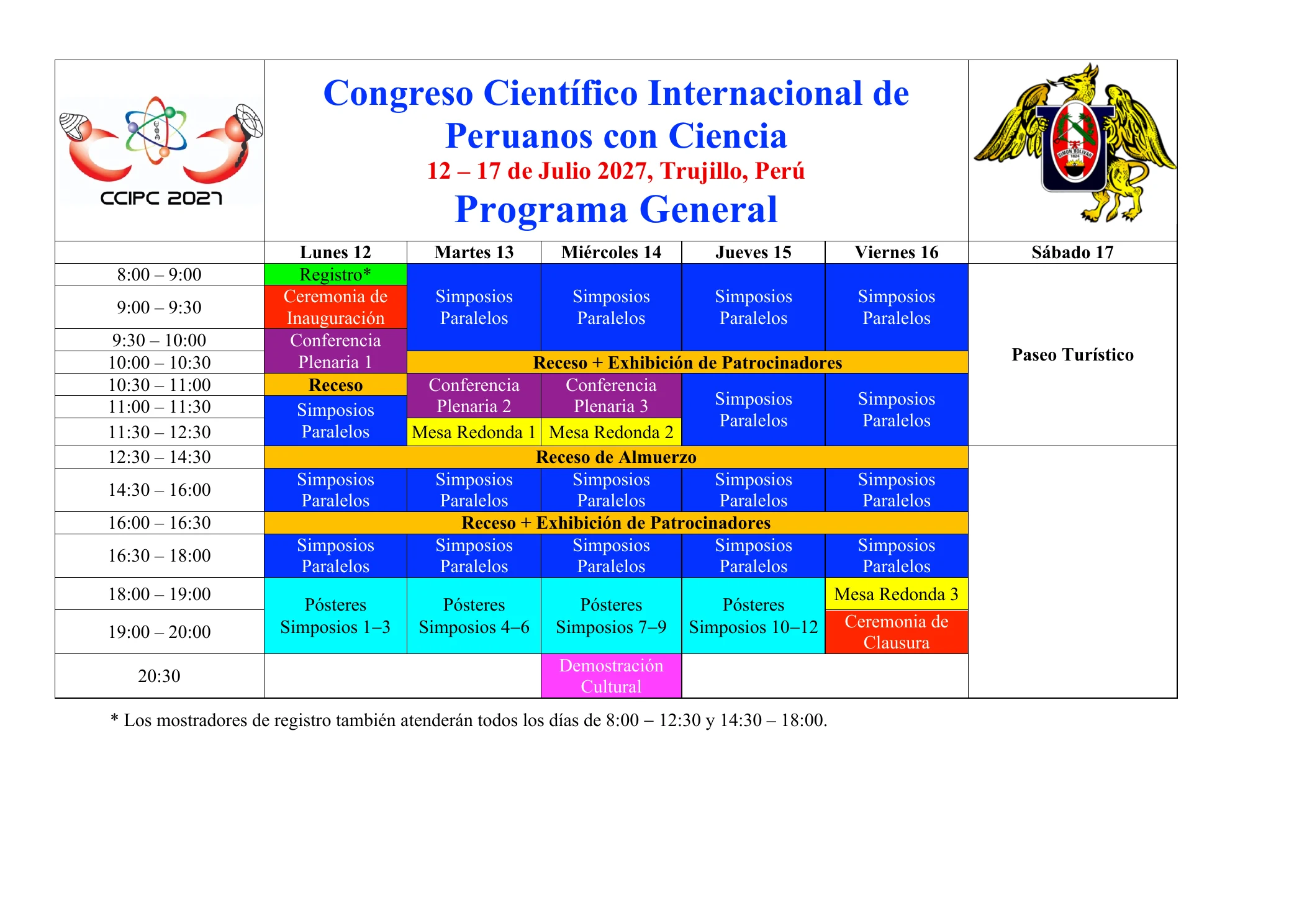 Preliminary general program for CCIPC Peru 2027, July 12–17 in Trujillo